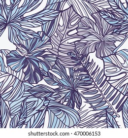 Seamless contour tropical pattern with exotic leaves.