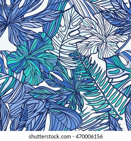 Seamless contour tropical pattern with exotic leaves.