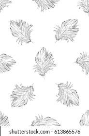 Seamless contour tropical pattern, with exotic leaves, very gentle vector drawing.