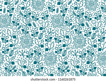 Seamless contoured green vector floral pattern on white background