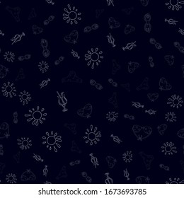 Seamless contours with summer elements. Cocktail, swimsuit and sun for relaxation on a blue background. Hand drawn vector illustration. Ideal for wrapping paper, textile, t-shirt design.