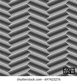 Seamless Contrast Abstract Black and White Geometric Pattern with Stripes and Waves. Optical Psychedelic Illusion. Wicker Structural Texture. Vector Illustration