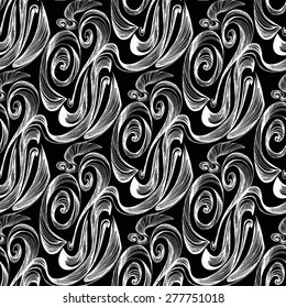 Seamless contrast abstract hand-drawn pattern with waves and clouds. Elegant vintage poster design.Endless pattern.Template for design and decoration.Calligraphic style Isolated on colored background