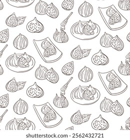 Seamless contrast hand drawn fig pattern with honey dipper illustrations isolated on white background. Vector doodle illustration for vegan concepts