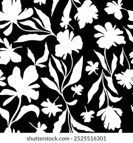 Dibujo hecho a mano lacónico blanco y negro de la tinta floral del Vector del contraste inconsútil para el diseño de la tela, decoración, cerámica, tarjetas de felicitación, flores en fondo negro
