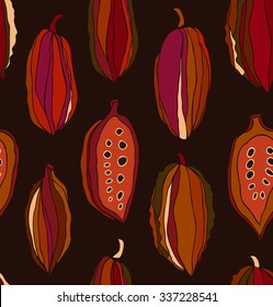 Seamless contrast pattern with cocoa beans. Decorative vector colorful chocolate background