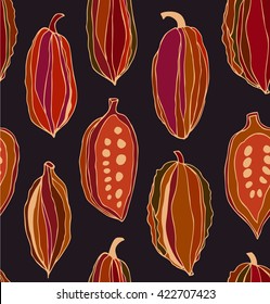 Seamless contrast pattern with cocoa beans. Decorative vector colorful chocolate background