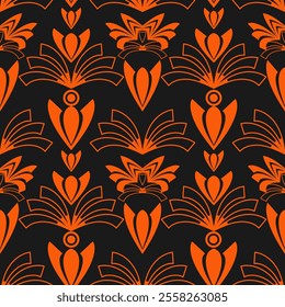 Seamless contrast pattern with decorative elements in art nouveau style. Orange and black color palette. Vector illustration