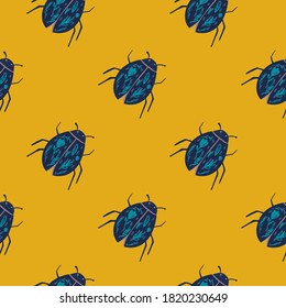Seamless contrast pattern with navy blue bugs elements. Yellow background. Exotic insects ornament. Perfect for wallpaper, textile, wrapping paper, fabric print. Vector illustration.