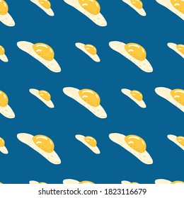 Seamless contrast pattern with omelette doodle silhouettes, Eggs elements on navy blue background. Breakfast meal print. Great for wallpaper, textile, wrapping paper, fabric print. Vector illustration