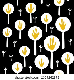 Seamless contrast pattern with stylized dandelions in black, white and yellow colors, abstract seeds