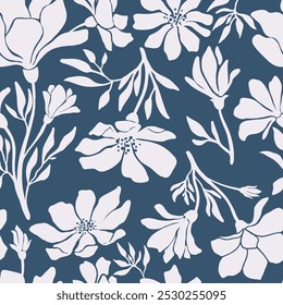 Seamless contrasting ink floral vector laconic light and dark ink handmade design for fabric design, decor, ceramics, greeting cards, flowers on black background