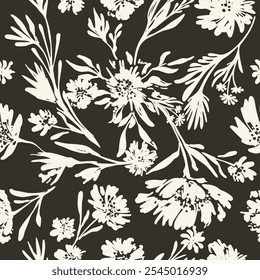 Seamless contrasting ink floral vector laconic black and white handmade ink pattern for fabric design, decor, ceramics, cards, flowers on black dark background