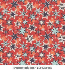 Seamless contrasty snowflake pattern with cold ornate elements on warm red plain background, seamless vector repeat. Perfect for card design, scrapbooking, gift paper, textiles and other surfaces.