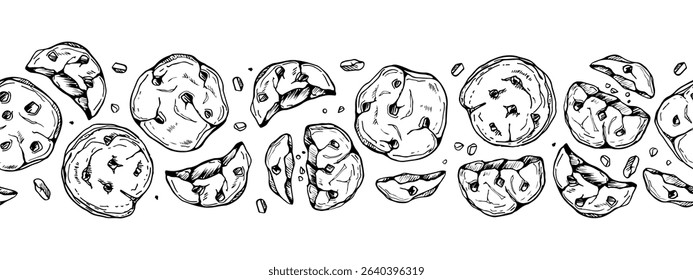 Seamless Cookies Border. Crispy cookies with chocolate drops border isolated on white background. Freehand drawn Biscuit chocolate chip cookies in line art style for cafe, menu, cookbook, bakery