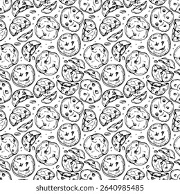 Seamless Cookies Pattern. Crispy cookies with chocolate drops border isolated on white background. Freehand drawn Biscuit chocolate chip cookies. Repeated background, textile, wallpaper, packaging.