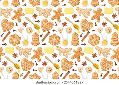 Seamless Cookies Pattern. Gingerbread cookie and ingredients for cooking. Traditional Christmas baking with glaze drawing. Homemade cookie cooking. Repeated background for wallpaper, scrap, wrapper.