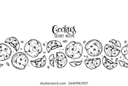 Seamless Cookies Pattern With Cookies secret recipe lettering. Crispy cookies with chocolate drops border. Freehand drawn Biscuit chocolate chip cookies in line art style for cafe, cookbook, bakery