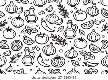 Seamless cooking ingredients pattern with garlic, onion, chili pepper, tomato, olive oil bottle and herbs. Hand drawn doodle style kitchen food icons with bold outlines. Minimal monochrome vector background for packaging, fabric, wallpaper and culinary design.