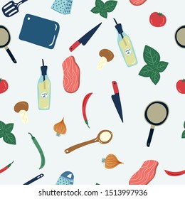 Seamless cooking tools pattern with food and vegetable elements. Creative cooking tools texture for fabric, wrapping, textile, wallpaper, apparel. Vector illustration