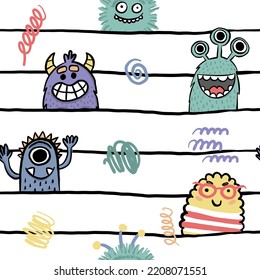 seamless cool monsters pattern on strips vector illustration