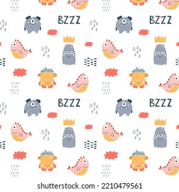 Seamless cool monsters pattern vector illustration. Illustration for design of children's rooms, textiles, holidays, wallpapers, backgrounds.