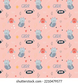Seamless cool monsters pattern vector illustration. Illustration for design of children's rooms, textiles, holidays, wallpapers, backgrounds.