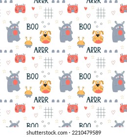Seamless cool monsters pattern vector illustration. Illustration for design of children's rooms, textiles, holidays, wallpapers, backgrounds.