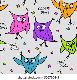 Seamless cool owls pattern vector illustration. Crazy Owl background.