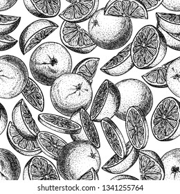 Seamless cool pattern with orange fruit in engraving stile. Sweet and fresh fruit element for menu, greeting cards, wrapping paper, cosmetics packaging, labels, tags, posters, fabrics, textile