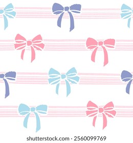 Seamless coquette aesthetic pink ribbon bow pattern. Colorful romantic ribbon bow knots and stripe geo vector pattern background. Valentine holiday for texture wrapping paper. 