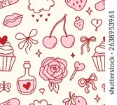 Seamless coquette doodle pattern with cherries, bows, roses, lips, cupcakes, and hearts. Romantic pink and red aesthetic, ideal for digital paper, wrapping, fashion, and girly branding.