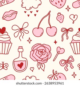 Seamless coquette doodle pattern with cherries, bows, roses, lips, cupcakes, and hearts. Romantic pink and red aesthetic, ideal for digital paper, wrapping, fashion, and girly branding.