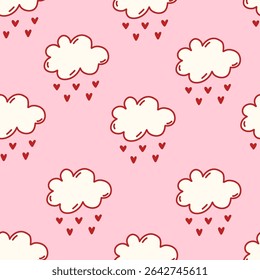 Seamless coquette doodle pattern with cute clouds raining red hearts. Perfect for Valentines Day, love-themed wrapping paper, wallpapers, scrapbooking, digital paper, and romantic designs. Vector art