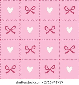 Patrón de marco de coqueta sin costuras con corazones y arcos para el día de San Valentín