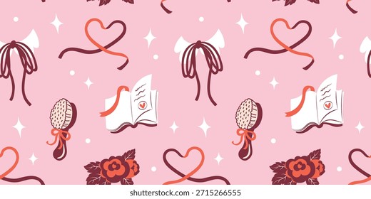 Seamless coquette pattern with bows and cute vintage accessories. Elegant feminine bg for girly Valentine’s wallpapers and wrapping paper.