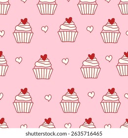 Seamless coquette pattern with cute cupcakes topped with hearts and small doodle hearts on a pink background. Girly, romantic, and playful design for fabric, stationery, and wrapping paper. Vector art
