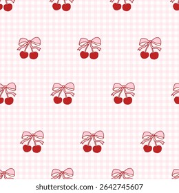 Seamless coquette pattern with cute red cherries and pink bows on soft gingham background. Feminine and romantic design for textiles, wallpapers, wrapping paper, digital prints, and stationery.