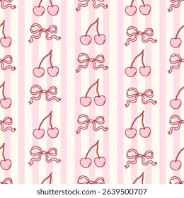 Seamless coquette pattern with hand-drawn cherries and bows on vertical pink stripes. Sweet and girly vintage aesthetic, perfect for fabric, wrapping paper, digital design, and stationery.