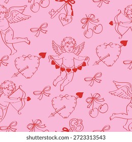 Nahtloses Kokettemuster mit handgezeichneten Herzen, Amor, Kirschen, Bändern und Schleifen auf rosafarbenem Hintergrund. Romantisches Preppy-Vektordesign zum Valentinstag, Stoffdrucke, Tapeten und Packpapier