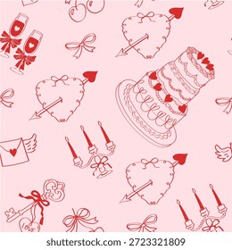 Patrón de coqueta sin fisuras con corazones dibujados a mano, pastel, copas de champán, velas, cintas y lazos sobre un fondo rosa. Diseño de Vector preppy romántico para el día de San Valentín, estampados de tela, Fondo de pantalla y papel de regalo.