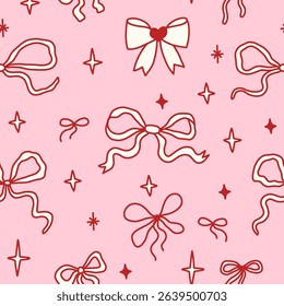 Seamless coquette pattern with hand-drawn red bows and sparkles on a pink background. Feminine, girly, and cute aesthetic for fabric, digital paper, stationery, and romantic branding.