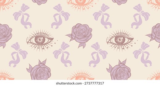 Seamless coquette pattern with mystic eye, roses and bows, hand-drawn occult spiritual background in pastel lilac colors