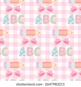 Padrão de coquette sem costura com letras pastel ABC, lápis e arcos cor-de-rosa no fundo de gingham, bonito de volta ao projeto de vetor da escola