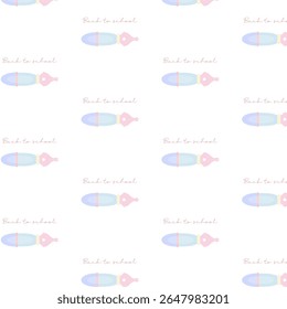 Padrão de coquette sem costura com canetas-tinteiro pastel e manuscrito de volta para o texto da escola sobre fundo branco, vetor de papelaria feminino delicado