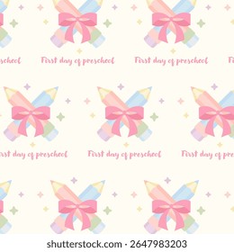 Padrão de coquette sem emenda com lápis pastel, arcos cor-de-rosa, brilhos e primeiro dia de texto pré-escolar no fundo de creme, design vetorial bonito