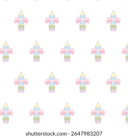 Padrão de coquette sem costura com lápis pastel e arcos cor-de-rosa sobre fundo branco, design de vetor de papelaria bonito mínimo