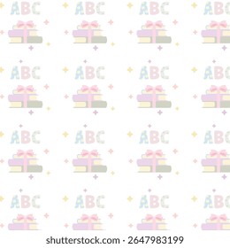 Padrão de coquette sem costura com livros empilhados pastel, arcos cor-de-rosa, letras ABC e brilhos no fundo branco, bonito de volta ao vetor da escola