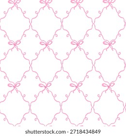 Padrão de coquette sem costura com fita rosa e grade de arco