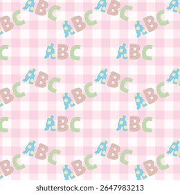 Padrão coquette sem emenda com pastel divertido letras ABC no fundo gingham rosa, vetor alfabeto bonito para projetos de volta à escola